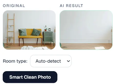 Image Smart Cleaner: bilik asal berperabot di sebelah hasil AI dengan kesepahan dibuang